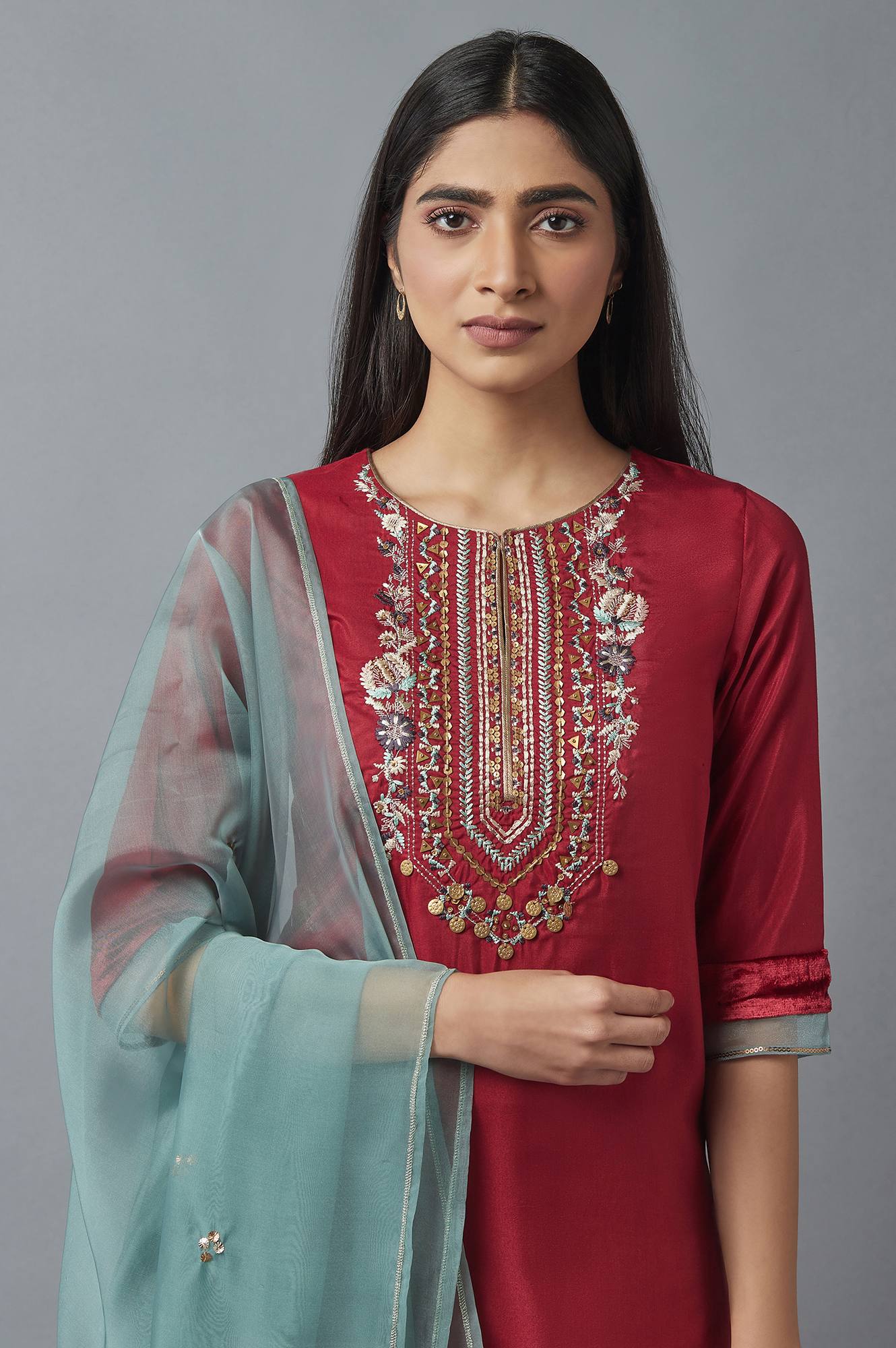 Red Short Kurta-Sharara-Dupatta Set - Image 5