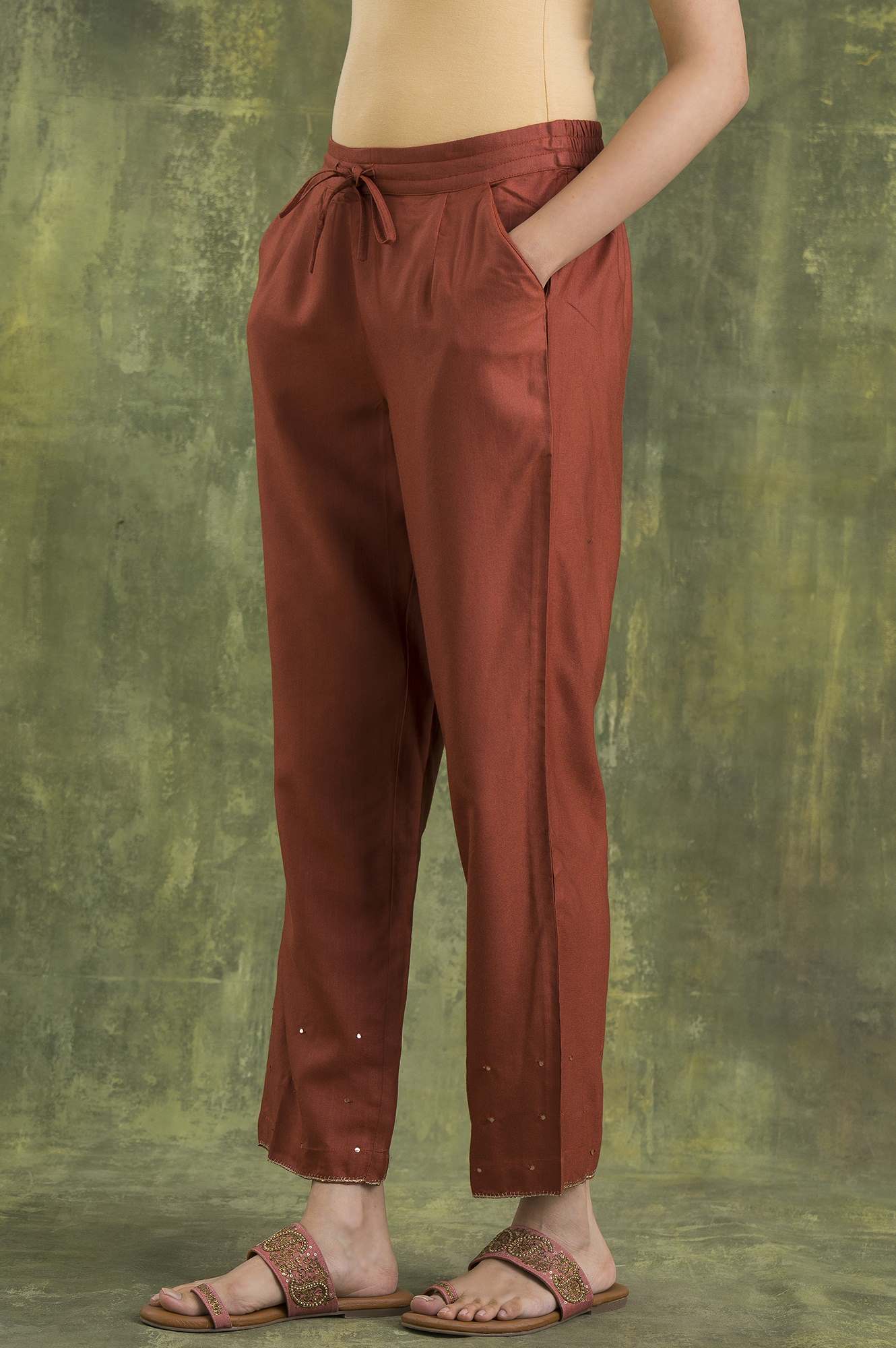 Red Solid Straight Pants - Image 3