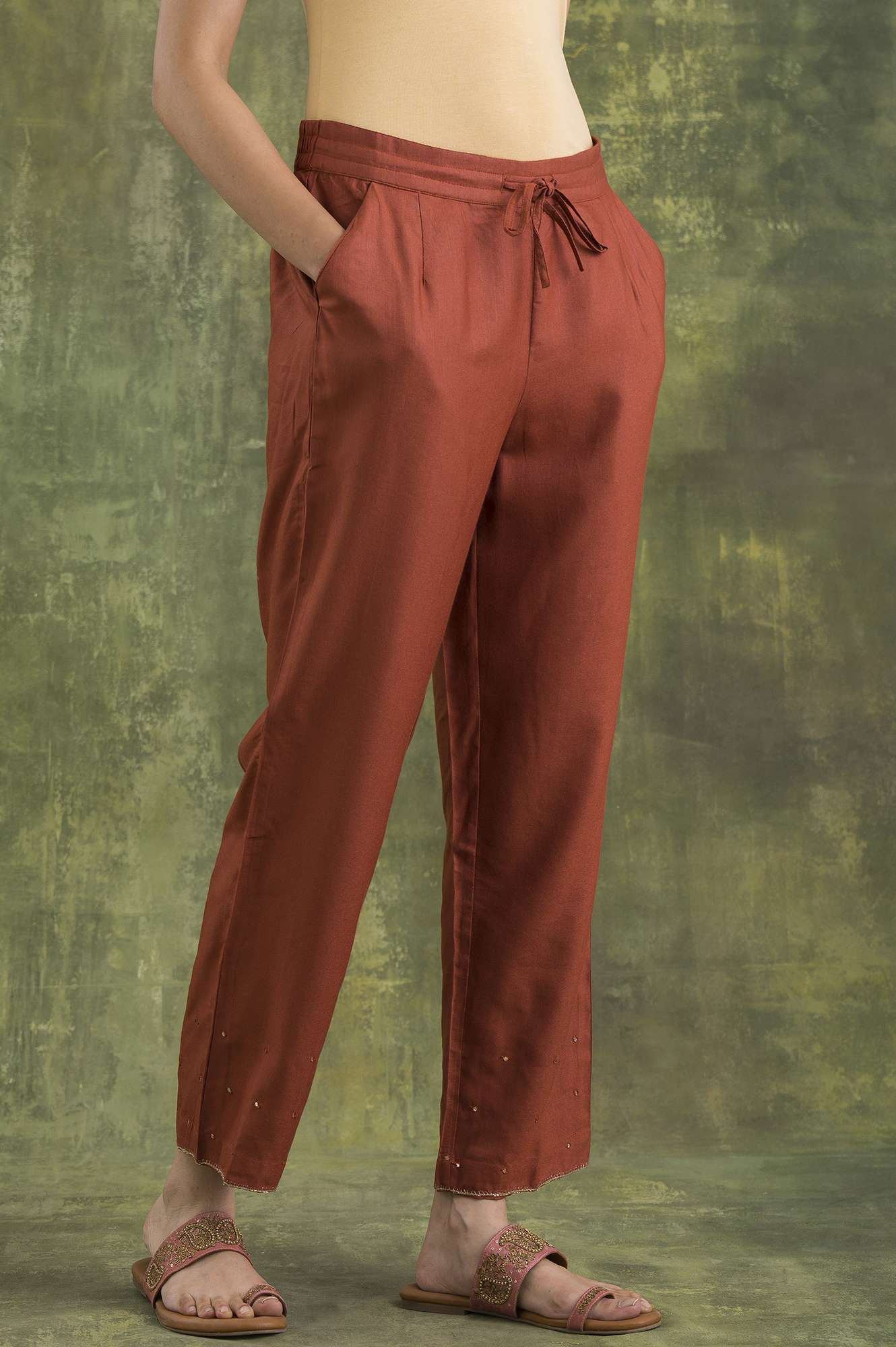 Red Solid Straight Pants - Image 4