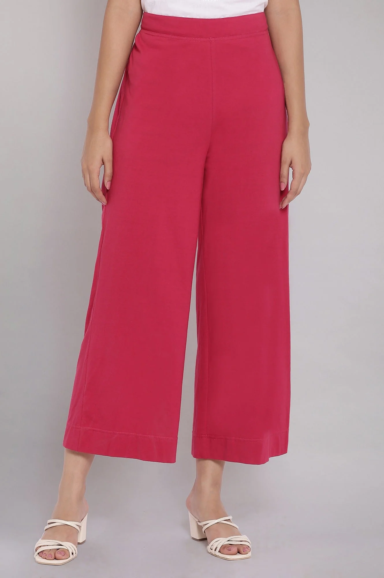 Red Solid Straight Fit Cotton Palazzo With Elasticated Waist