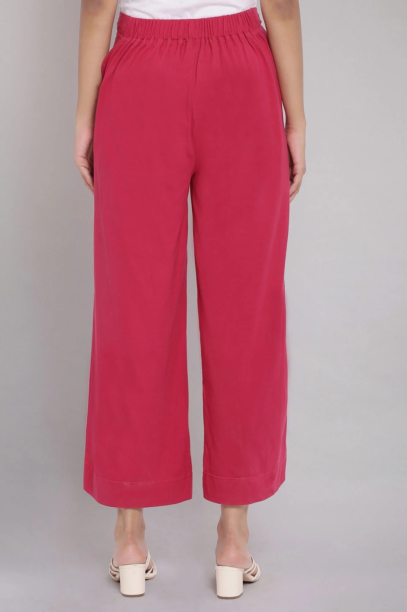 Red Solid Straight Fit Cotton Palazzo With Elasticated Waist - Image 2