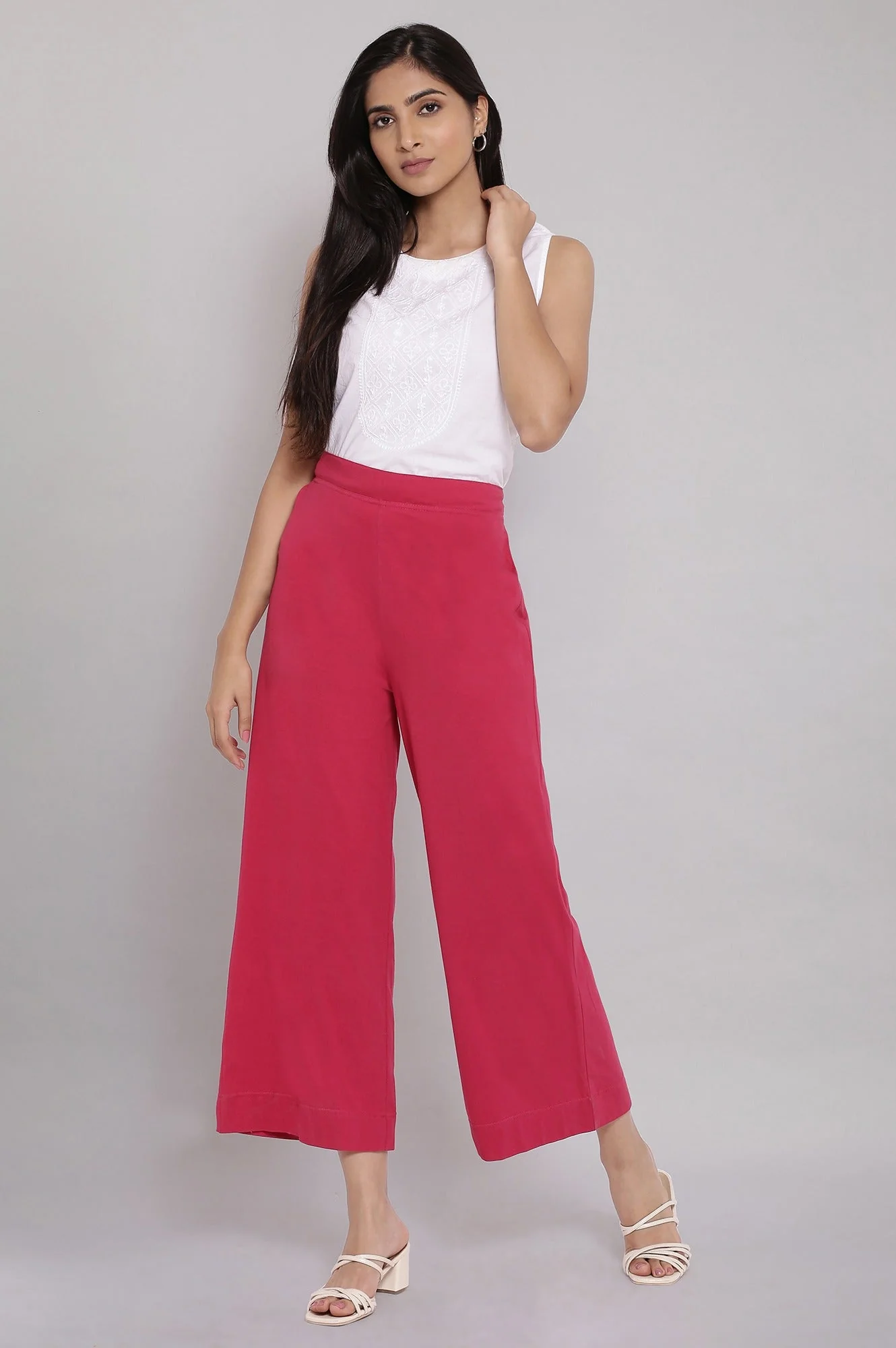 Red Solid Straight Fit Cotton Palazzo With Elasticated Waist - Image 5