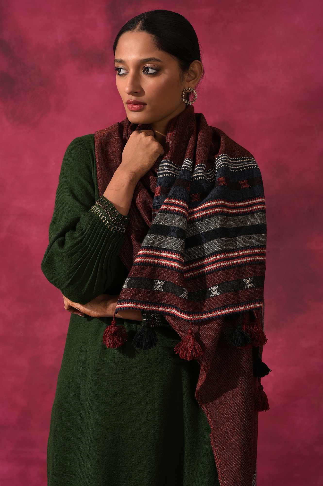 Red Yarn Dyed Woollen Shawl - Image 3