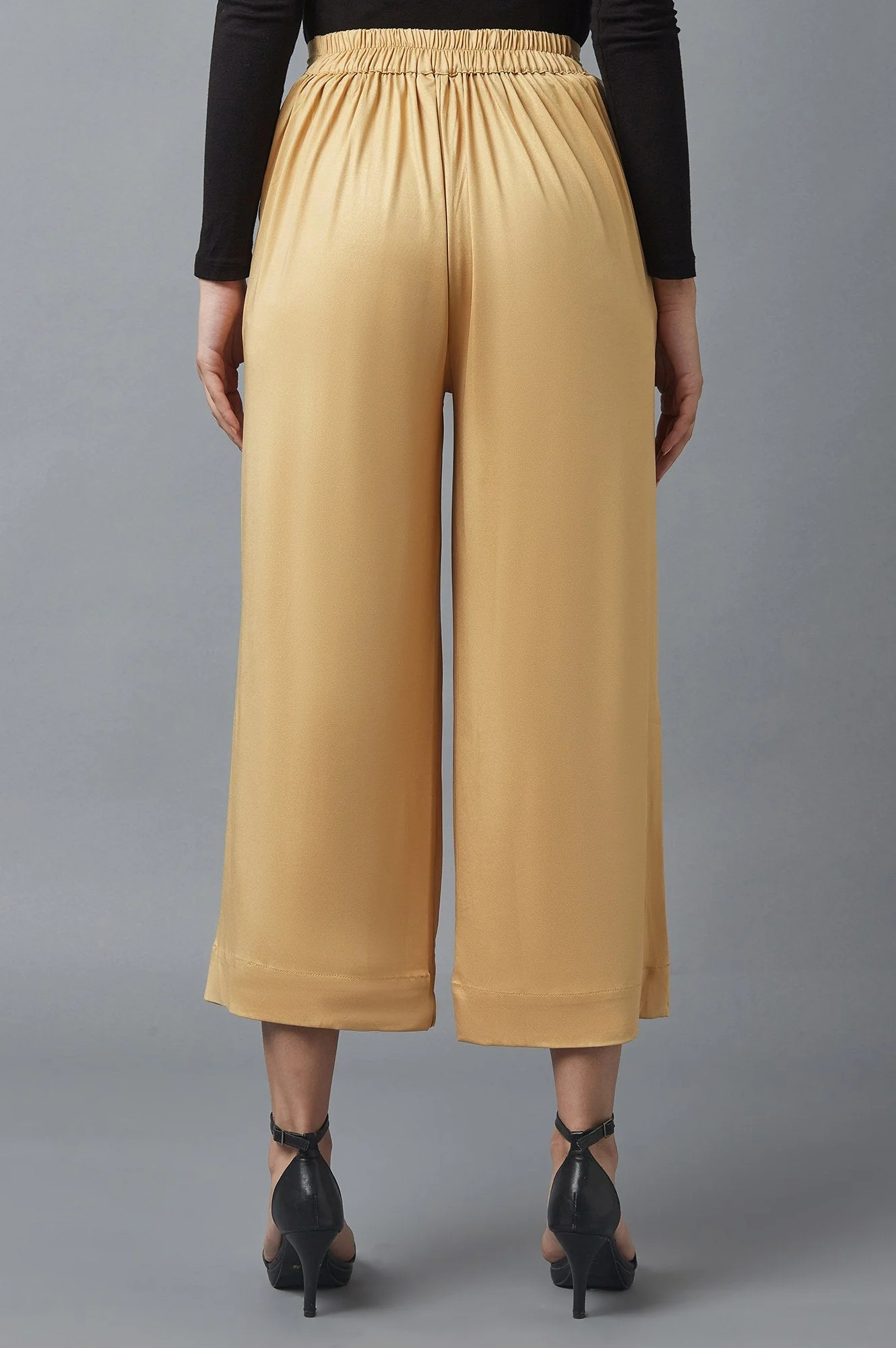 Gold Solid Straight Fit Cotton Palazzo With Side Pockets - Image 2