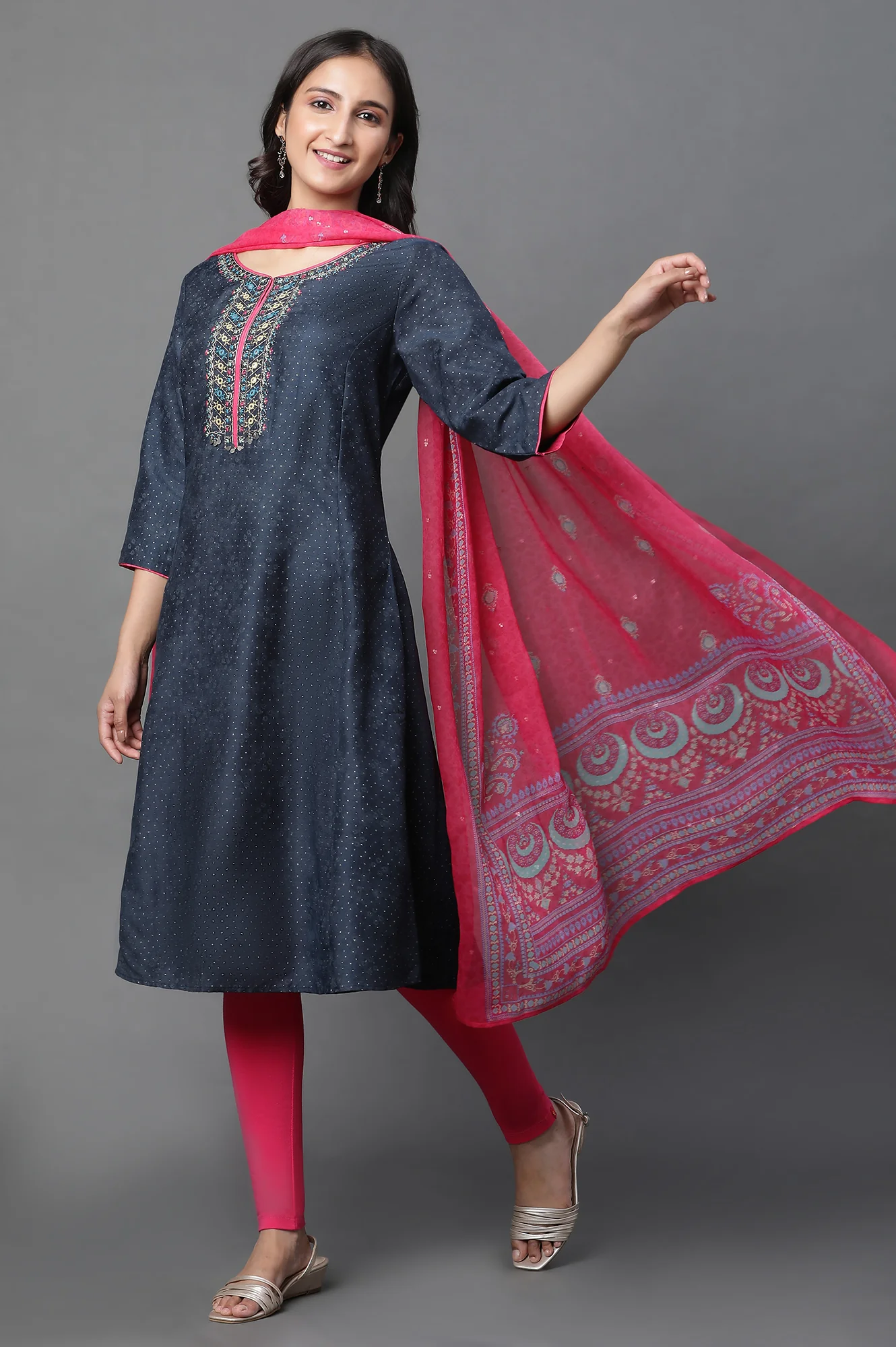Royal Blue Glitter Printed A-Line Kurta, Tights And Dupatta Set - Image 2