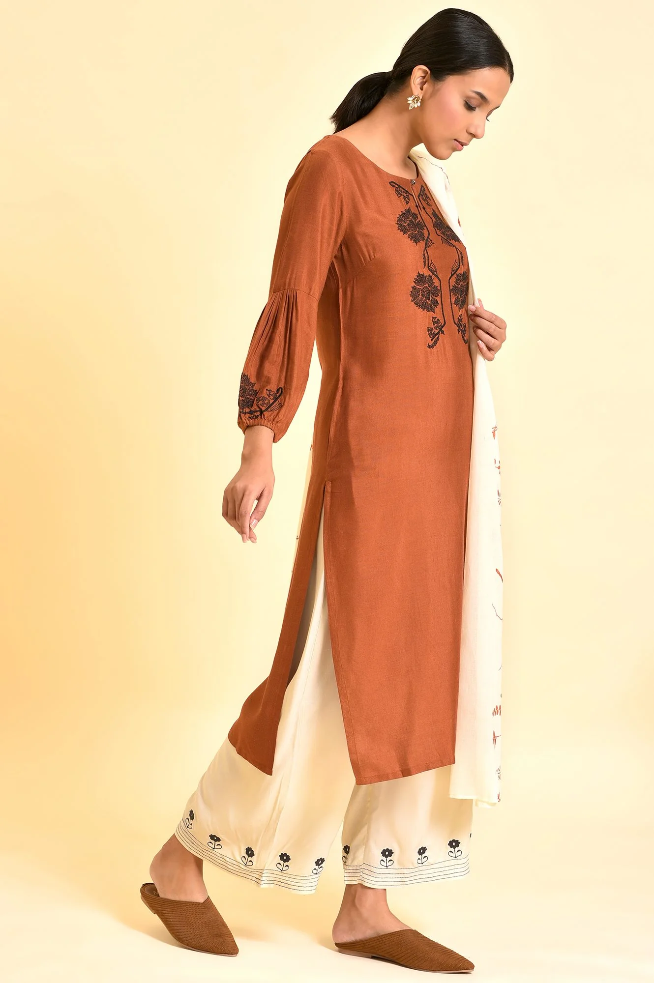 Rust Brown Embroidered Kurta, Parallel Pants And Dupatta Set - Image 5