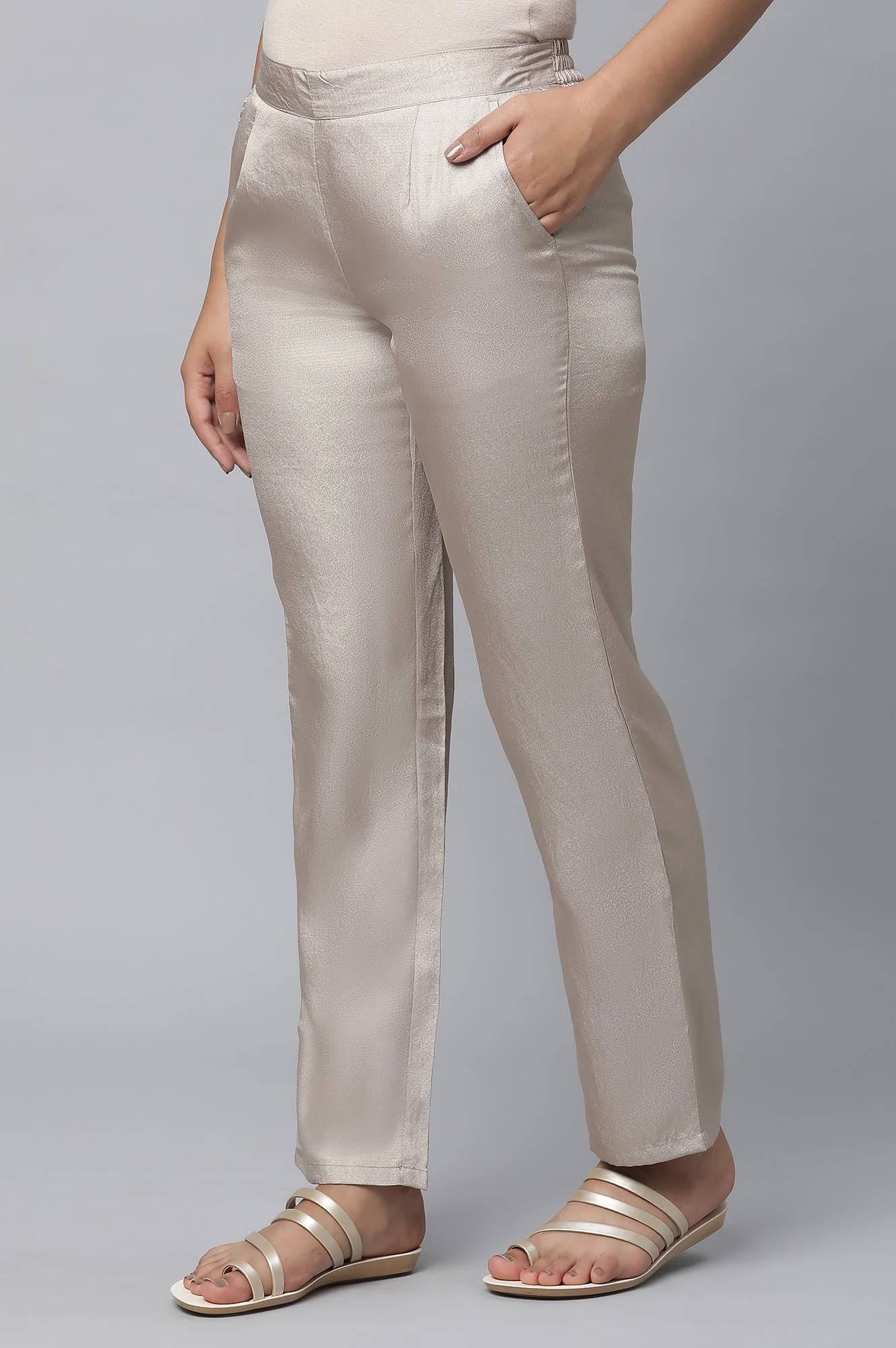 Gold Solid Straight Fit Woven Pants With Elasticated Waist - Image 3