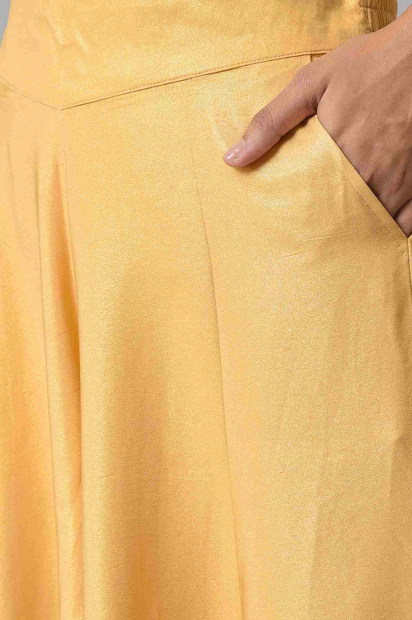 Gold Solid Flared Woven Palazzo With Side Pockets - Image 7