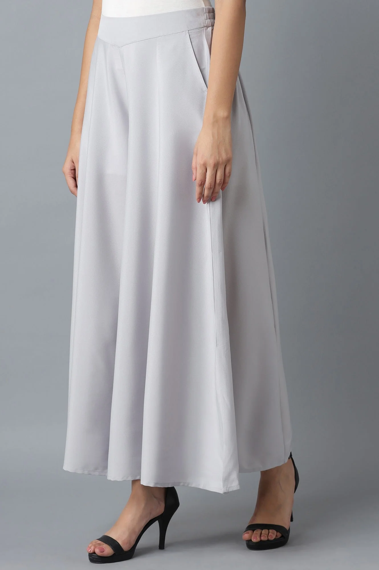 Silver Solid Flared Polyester Palazzo With Elasticated Waist - Image 3