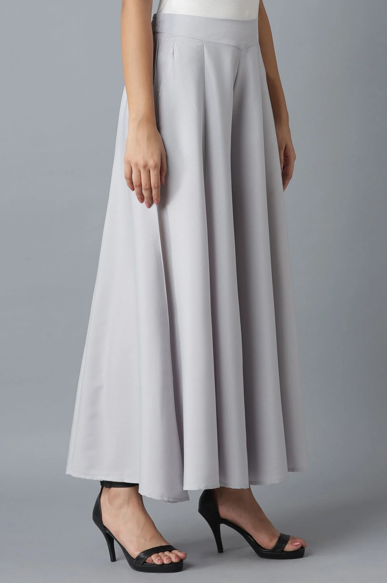 Silver Solid Flared Polyester Palazzo With Elasticated Waist - Image 4