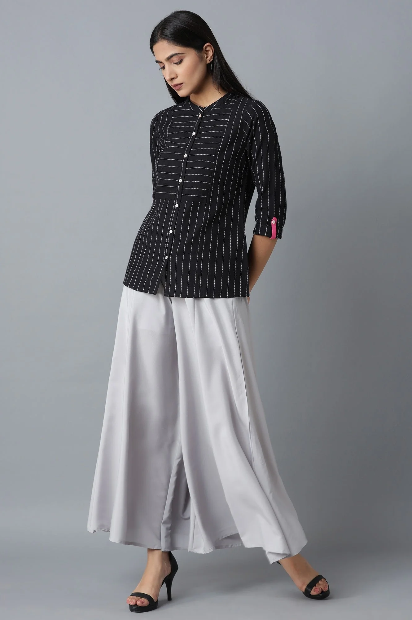 Silver Solid Flared Polyester Palazzo With Elasticated Waist - Image 5