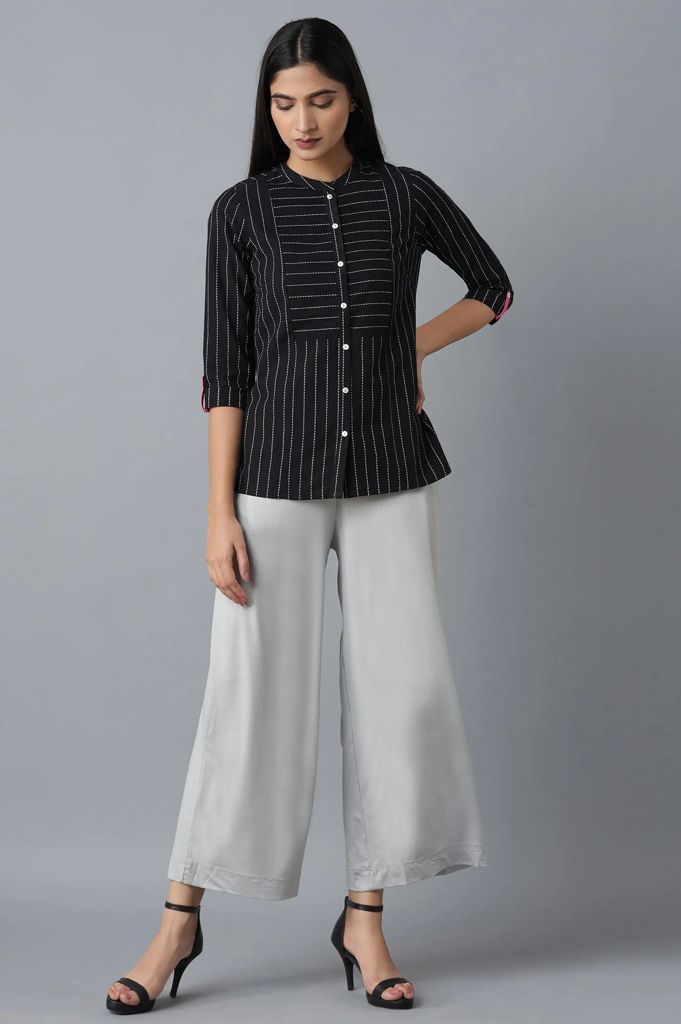 Silver Solid Straight Fit Cotton Palazzo With Elasticated Waistband - Image 6