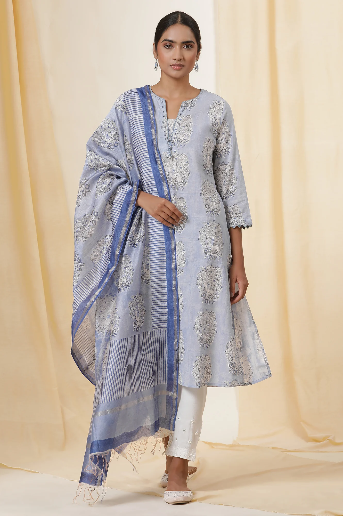 Snow Blue Block Printed Chanderi Drape - Image 3