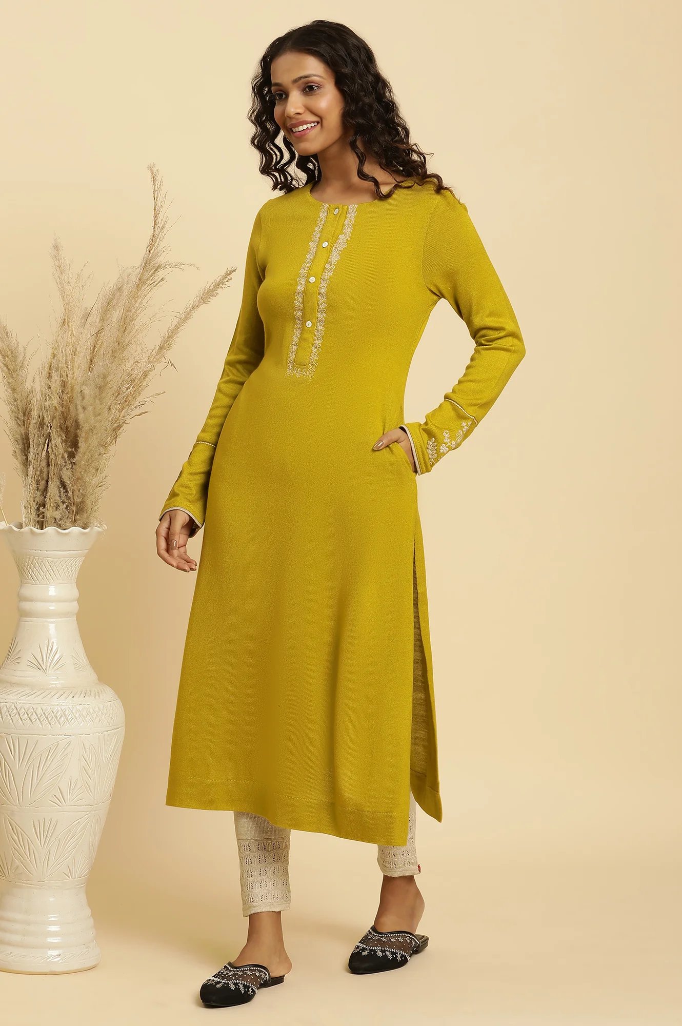 Sulphur Green Embroidered Winter Kurta And Tights Set
