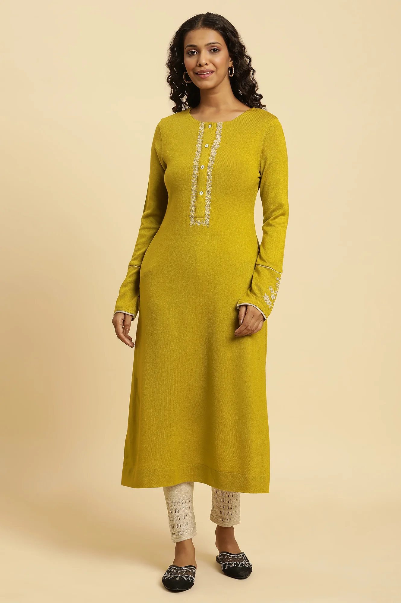 Sulphur Green Embroidered Winter Kurta And Tights Set - Image 2