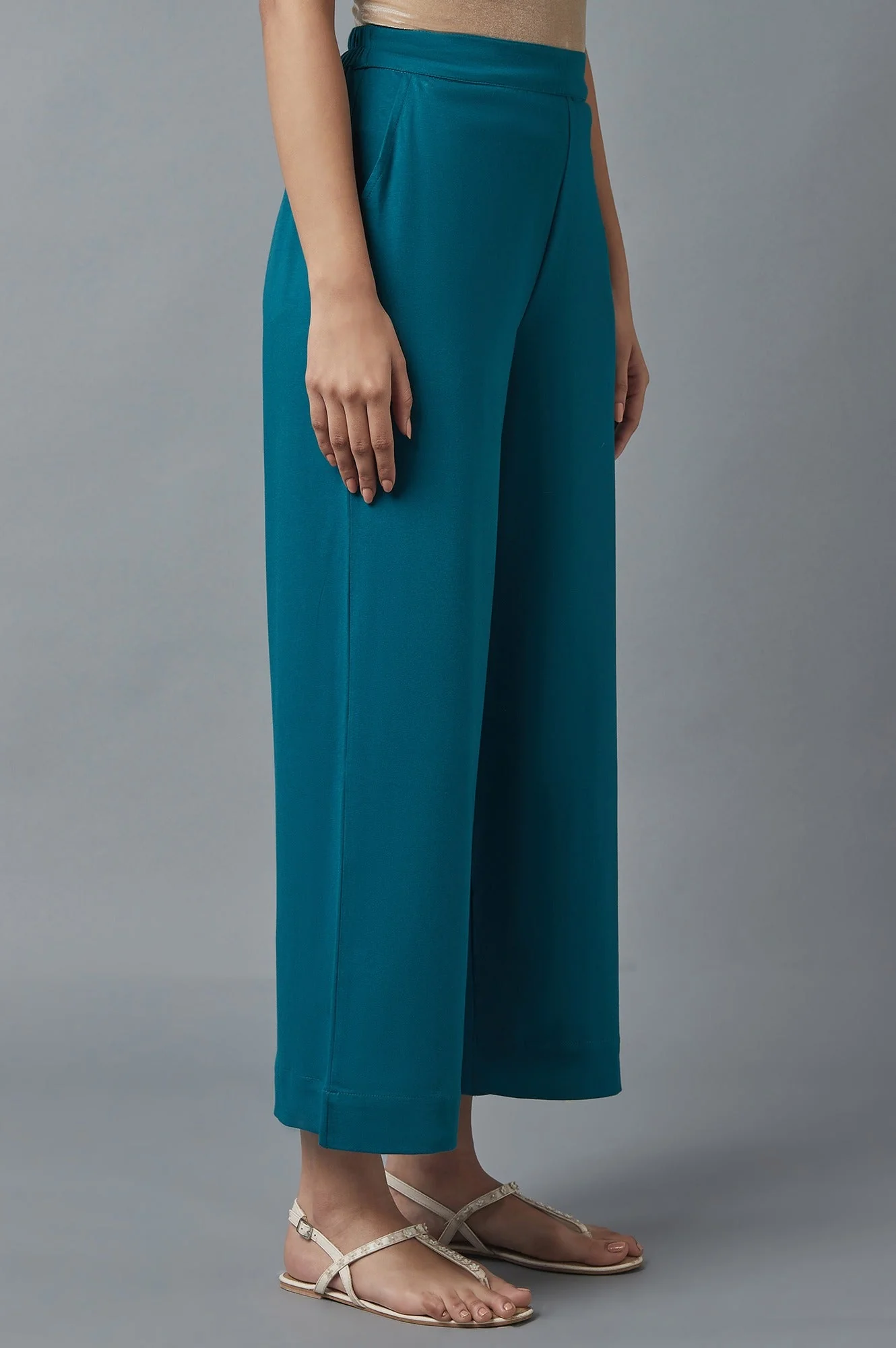 Teal Green Solid Straight-fit Cotton Palazzo with Side Pockets - Image 4