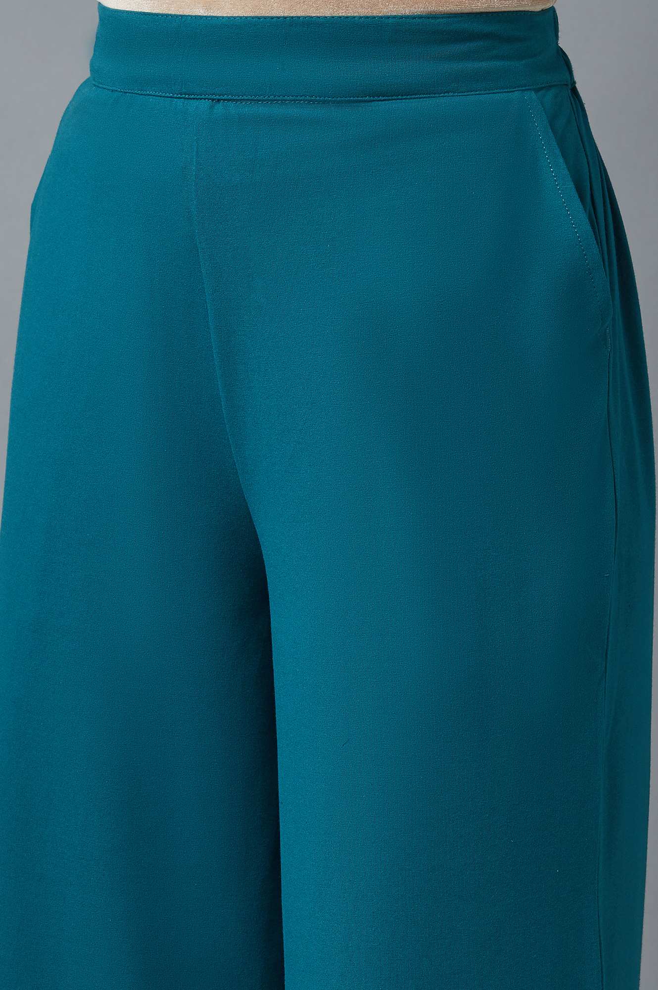 Teal Green Solid Straight-fit Cotton Palazzo with Side Pockets - Image 6
