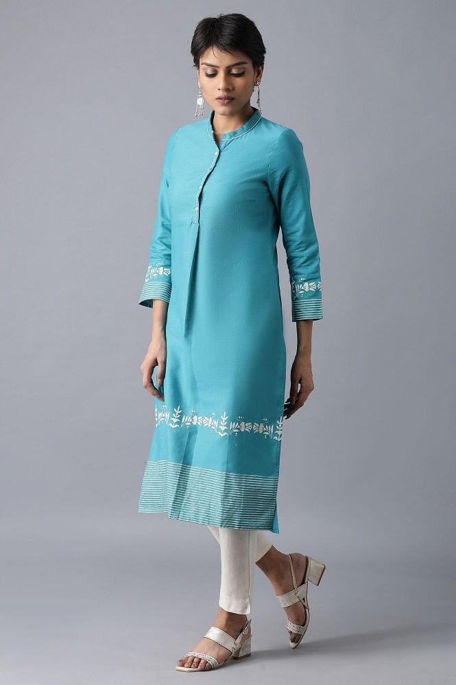 Teal Mandarin Neck Printed kurta - Image 3