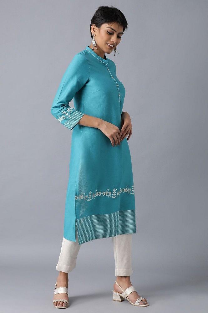 Teal Mandarin Neck Printed kurta - Image 4