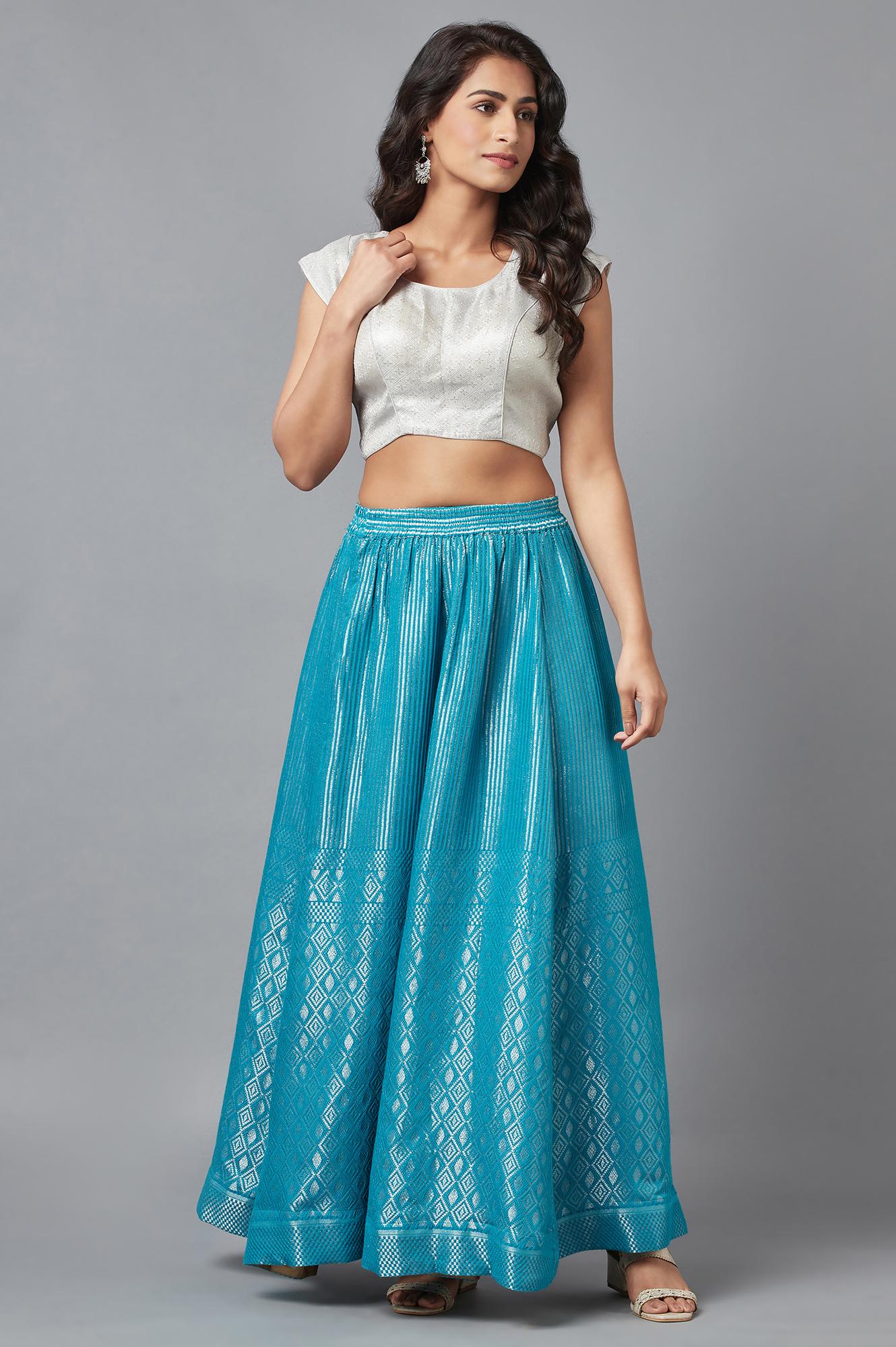Turquoise Blue Dobby Printed Flared Silk Skirt with Elasticated Waist - Image 5