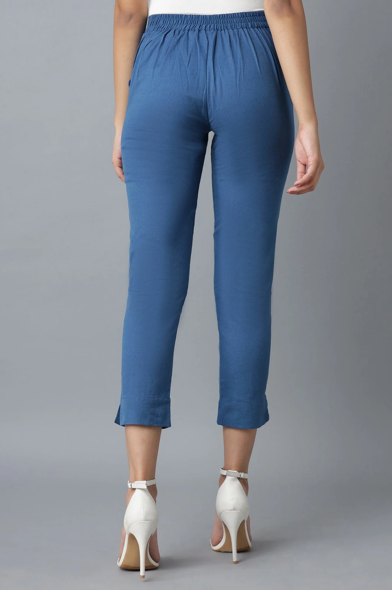 Blue Solid Straight Fit Cotton Trousers With Elasticated Waist - Image 2