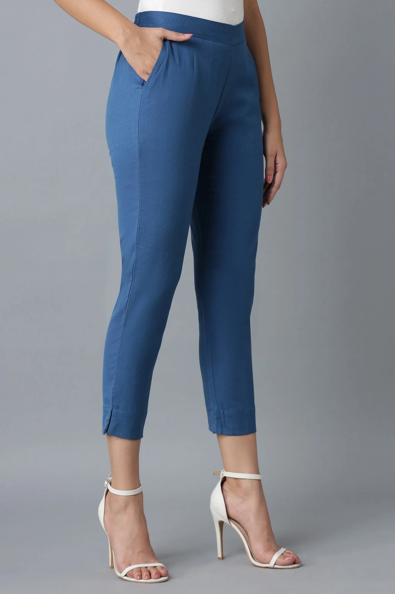 Blue Solid Straight Fit Cotton Trousers With Elasticated Waist - Image 4