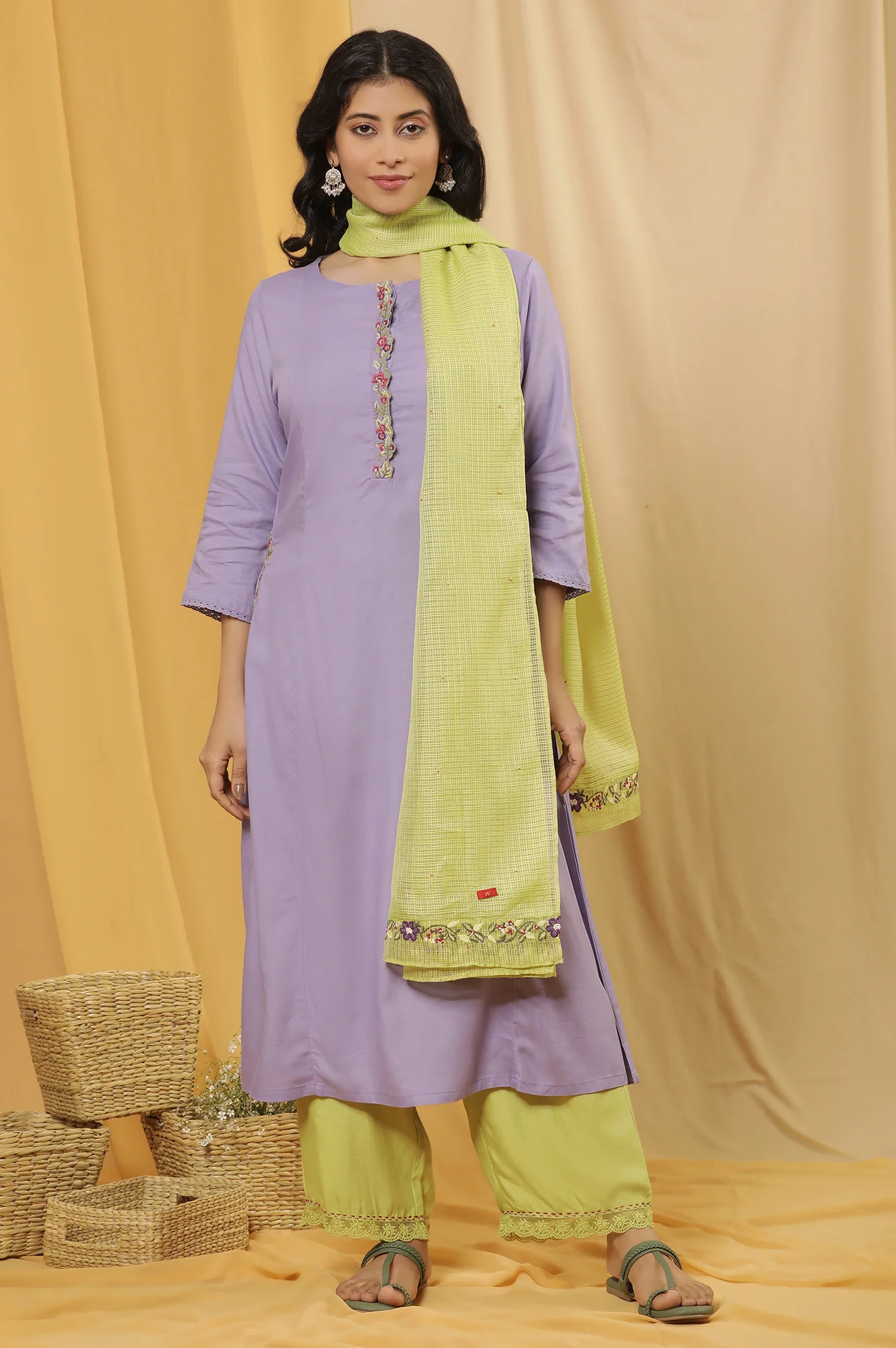 Voilet Embroidered A-Line Kurta, Pants And Dupatta Set - Image 2
