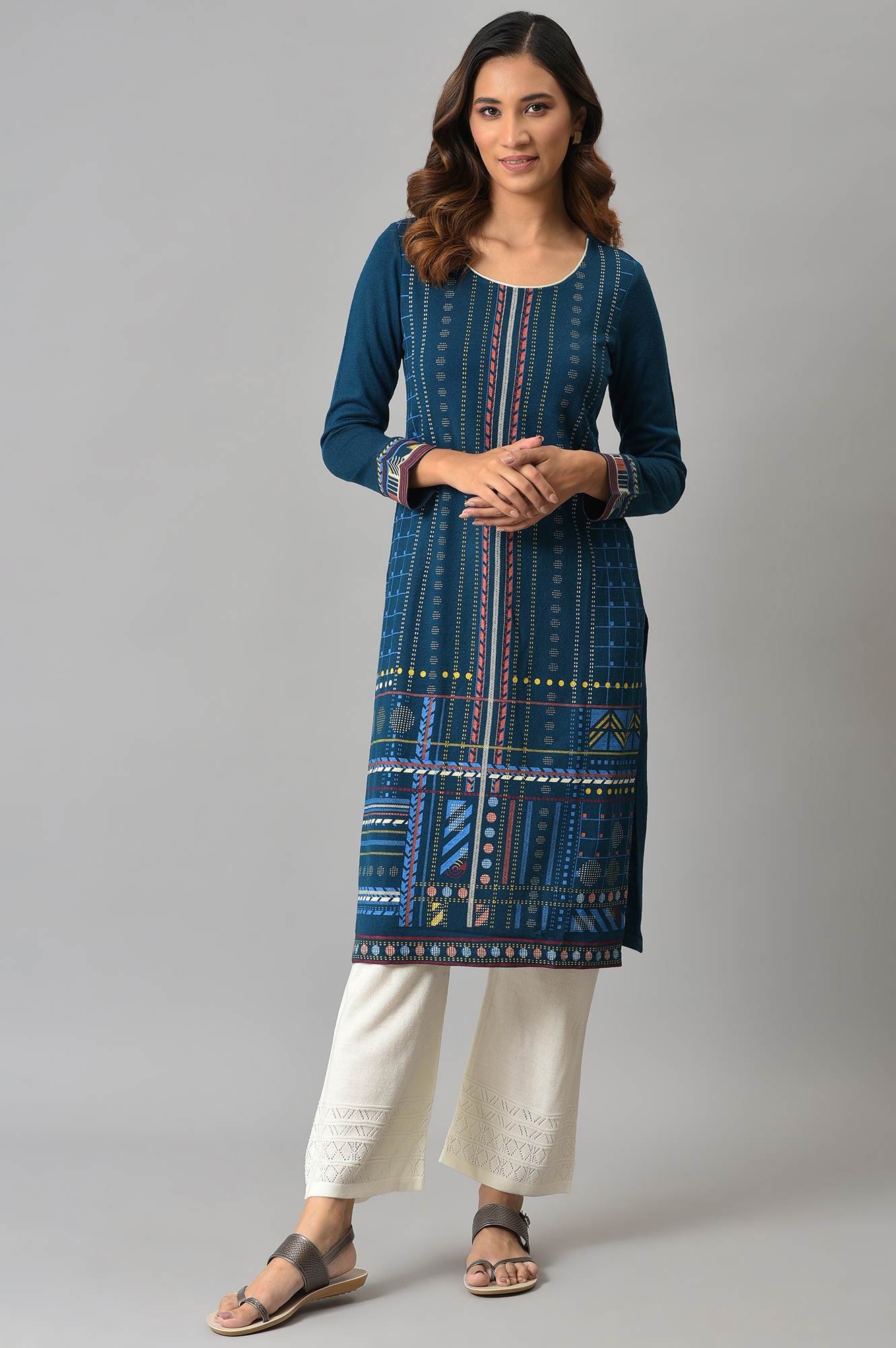 White Geometric Straight Fit Acrylic Palazzo With Elasticated Waist - Image 5