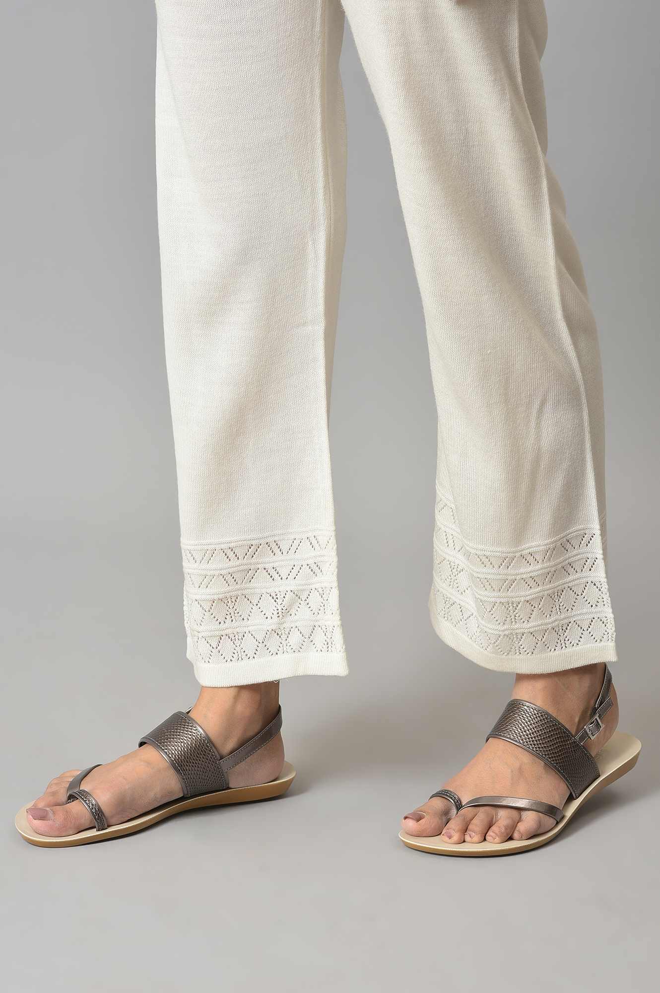 White Geometric Straight Fit Acrylic Palazzo With Elasticated Waist - Image 8