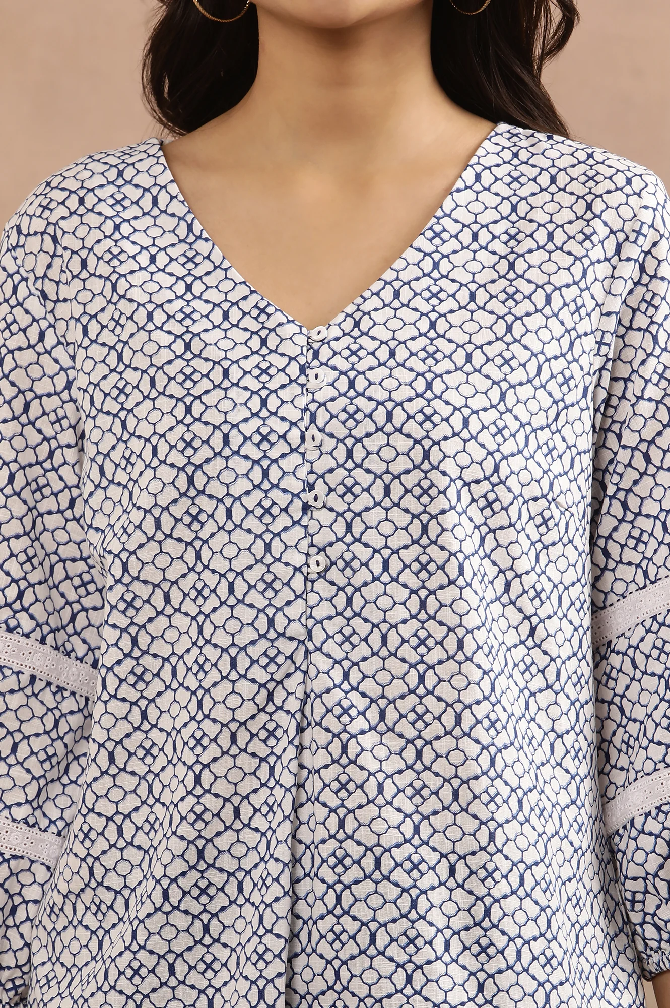 White And Blue Geometric Printed A-Line Cotton Top - Image 6