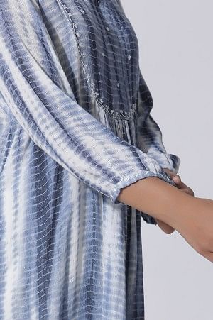 White And Blue Tie-Dye A-Line Kurta - Image 7