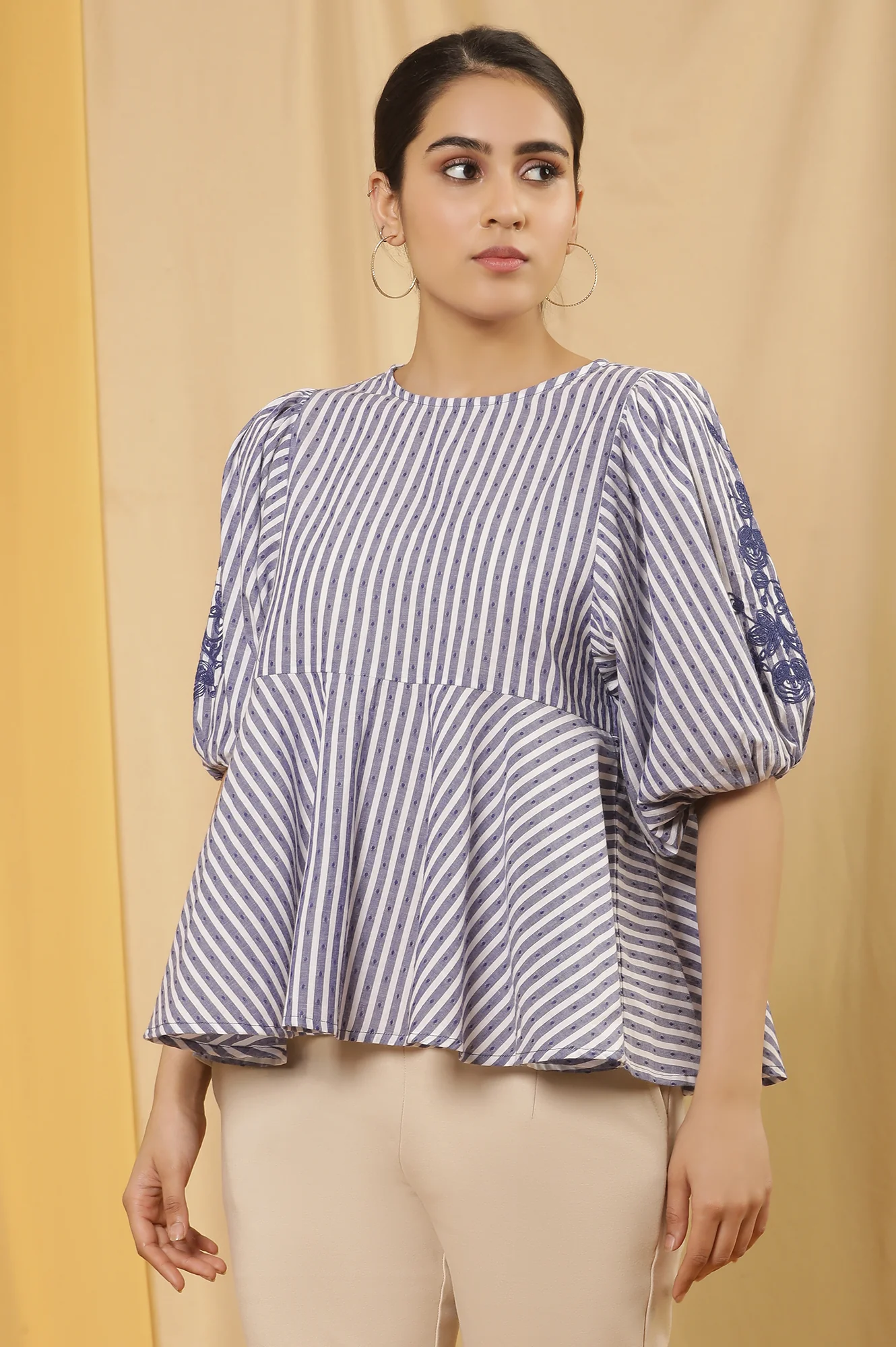 White And Blue Yarn Dyed Peplum Top - Image 2