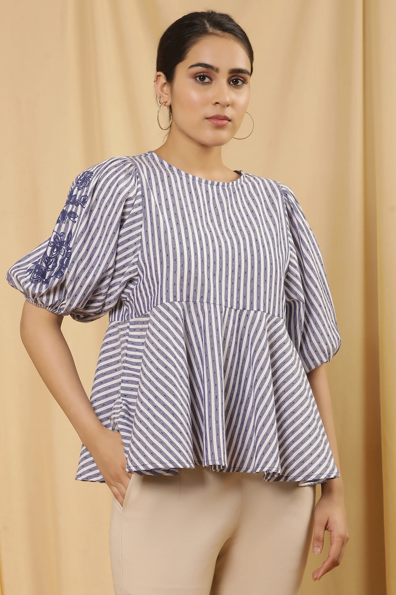 White And Blue Yarn Dyed Peplum Top - Image 4