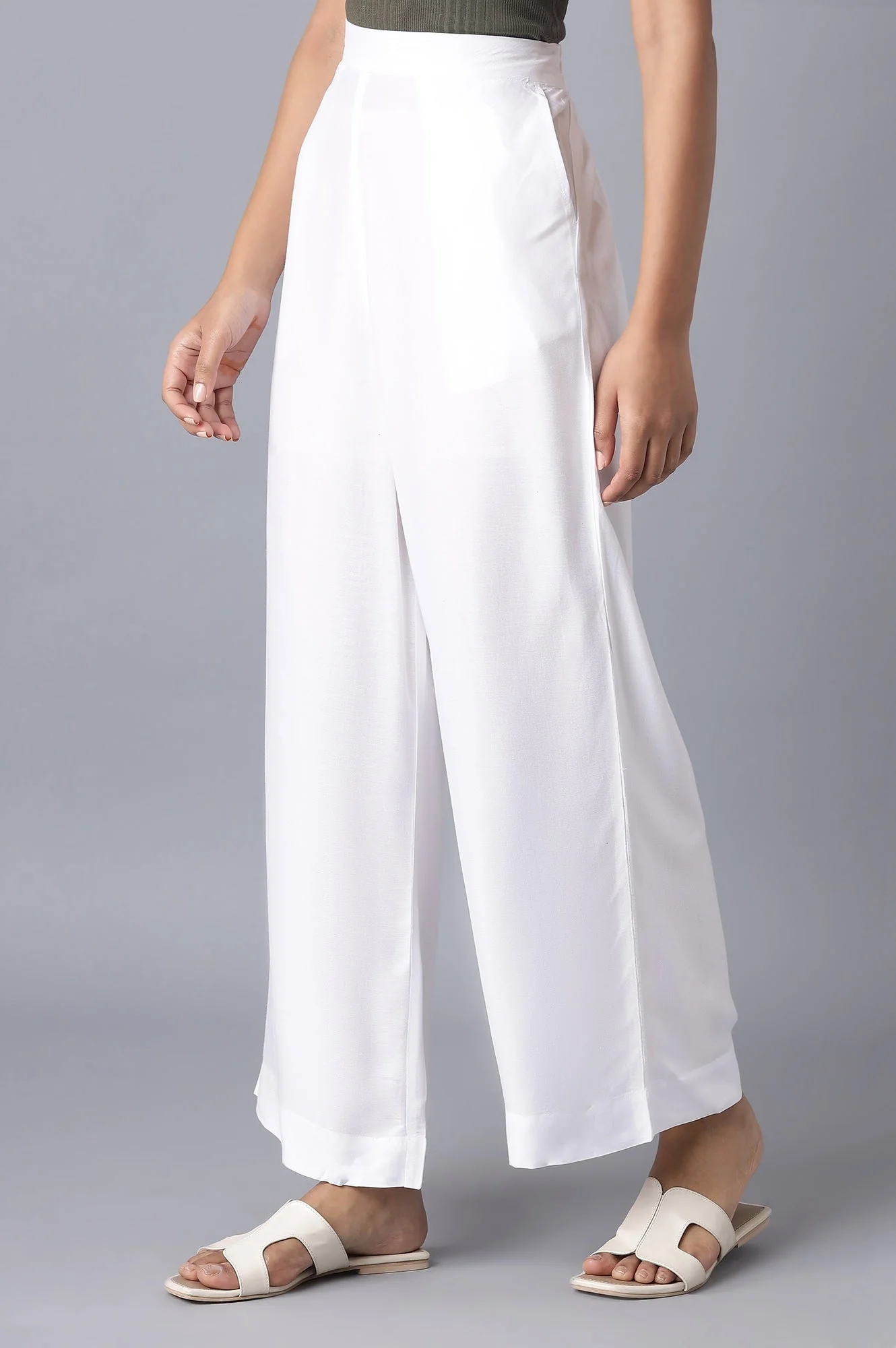 White Solid Wide Leg Tencel Trousers With Elasticated Waist - Image 3
