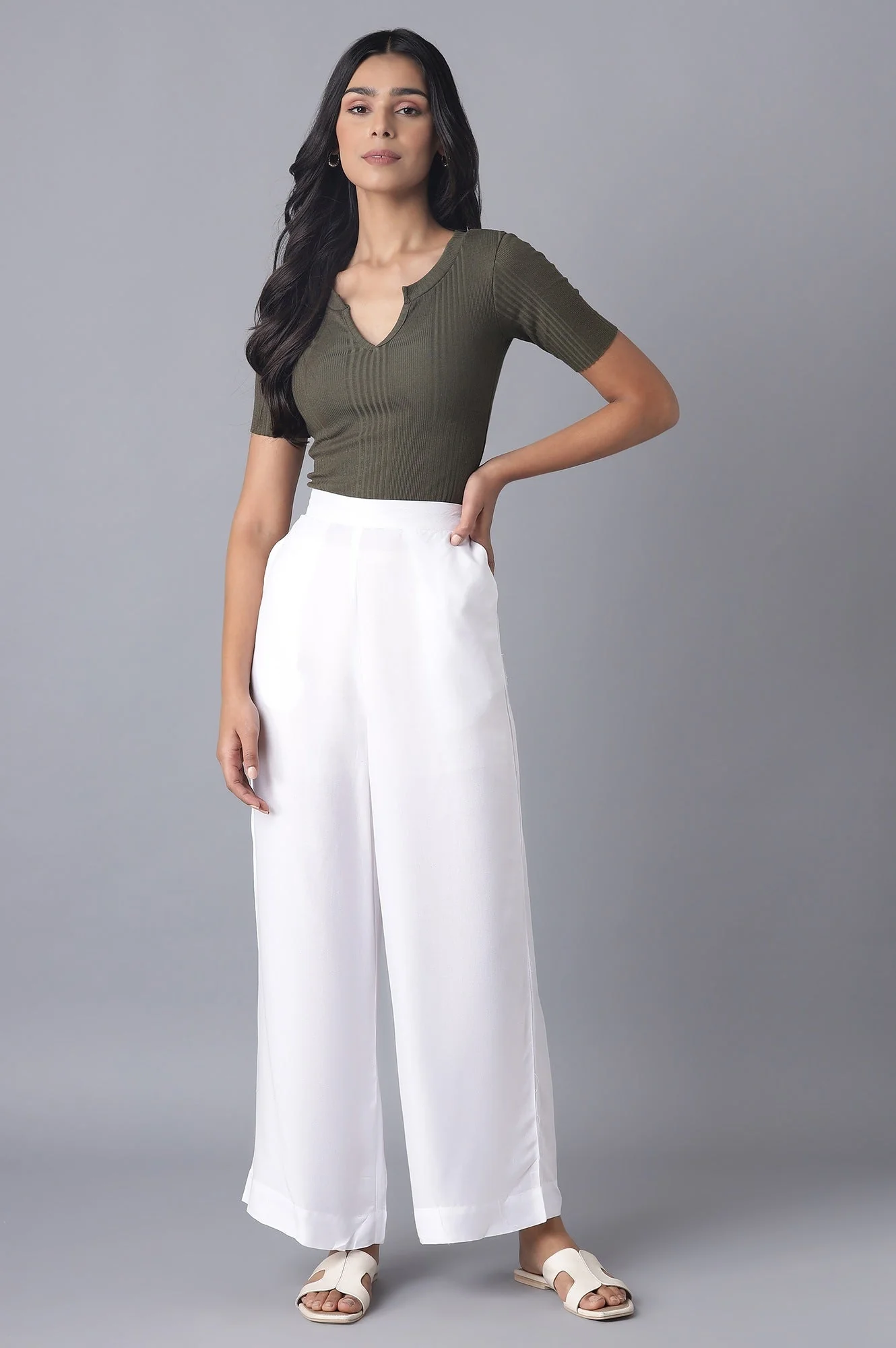 White Solid Wide Leg Tencel Trousers With Elasticated Waist - Image 5