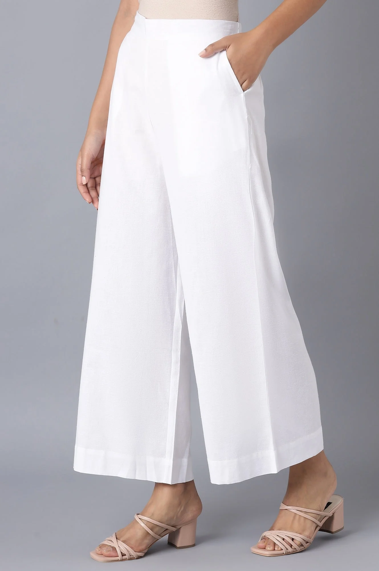 White Solid Wide Leg Tencel Palazzo With Elasticated Waist - Image 3