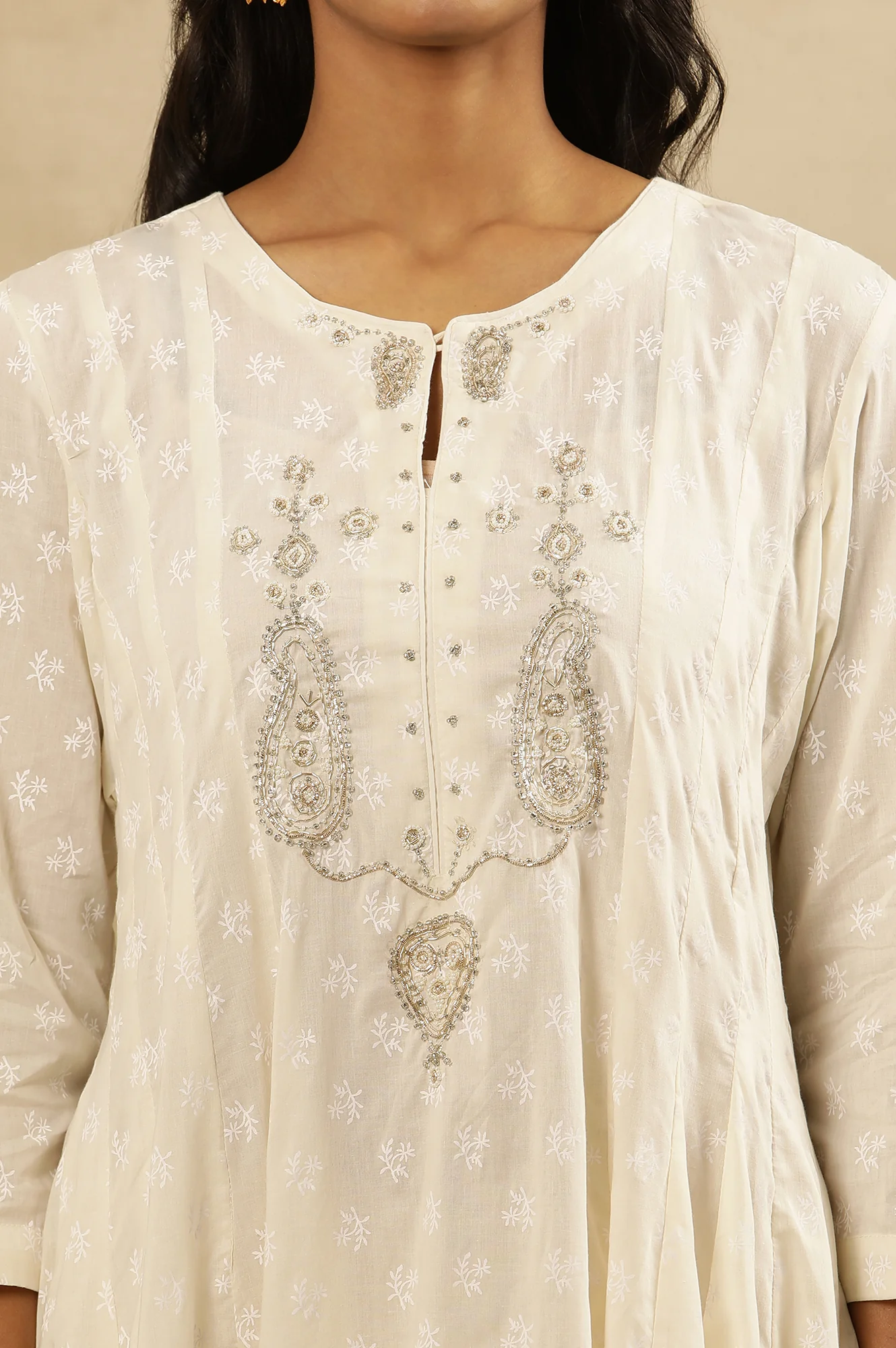 White Beadwork Panelled Kurta In Cotton Voile - Image 7