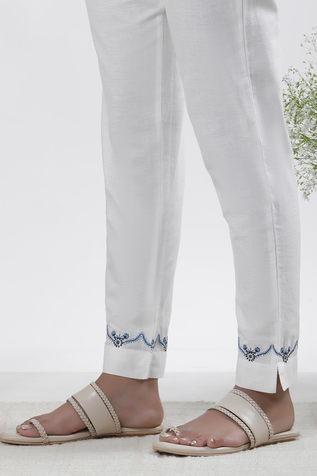 White Cotton Embroidered Kurta And Pants Set - Image 10