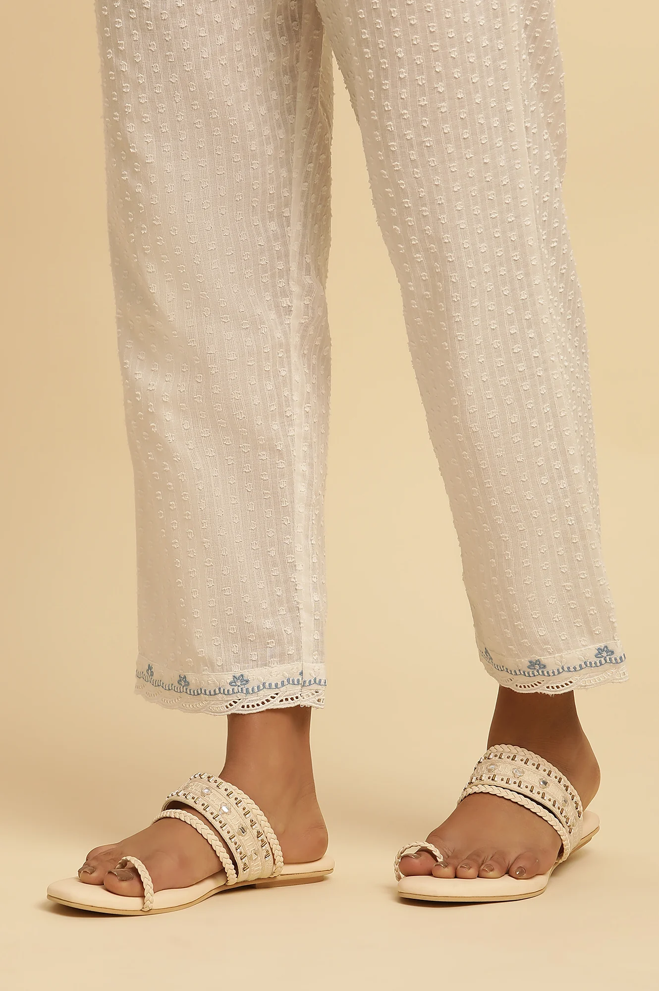 White Cotton Textured Kurta, Pants And Dupatta Set - Image 10