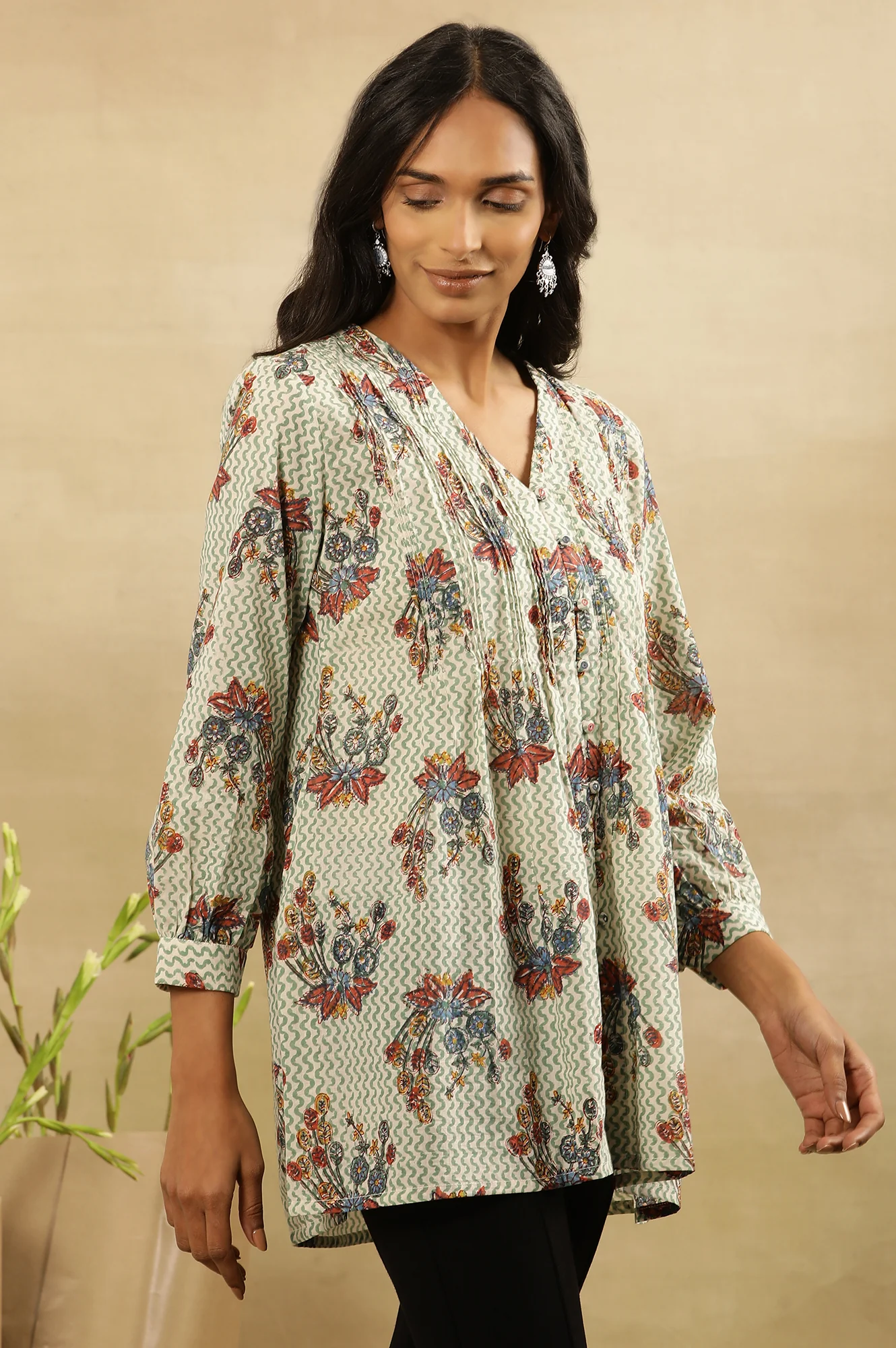 White Cotton Voile Hand Block Printed Pleated Top - Image 4