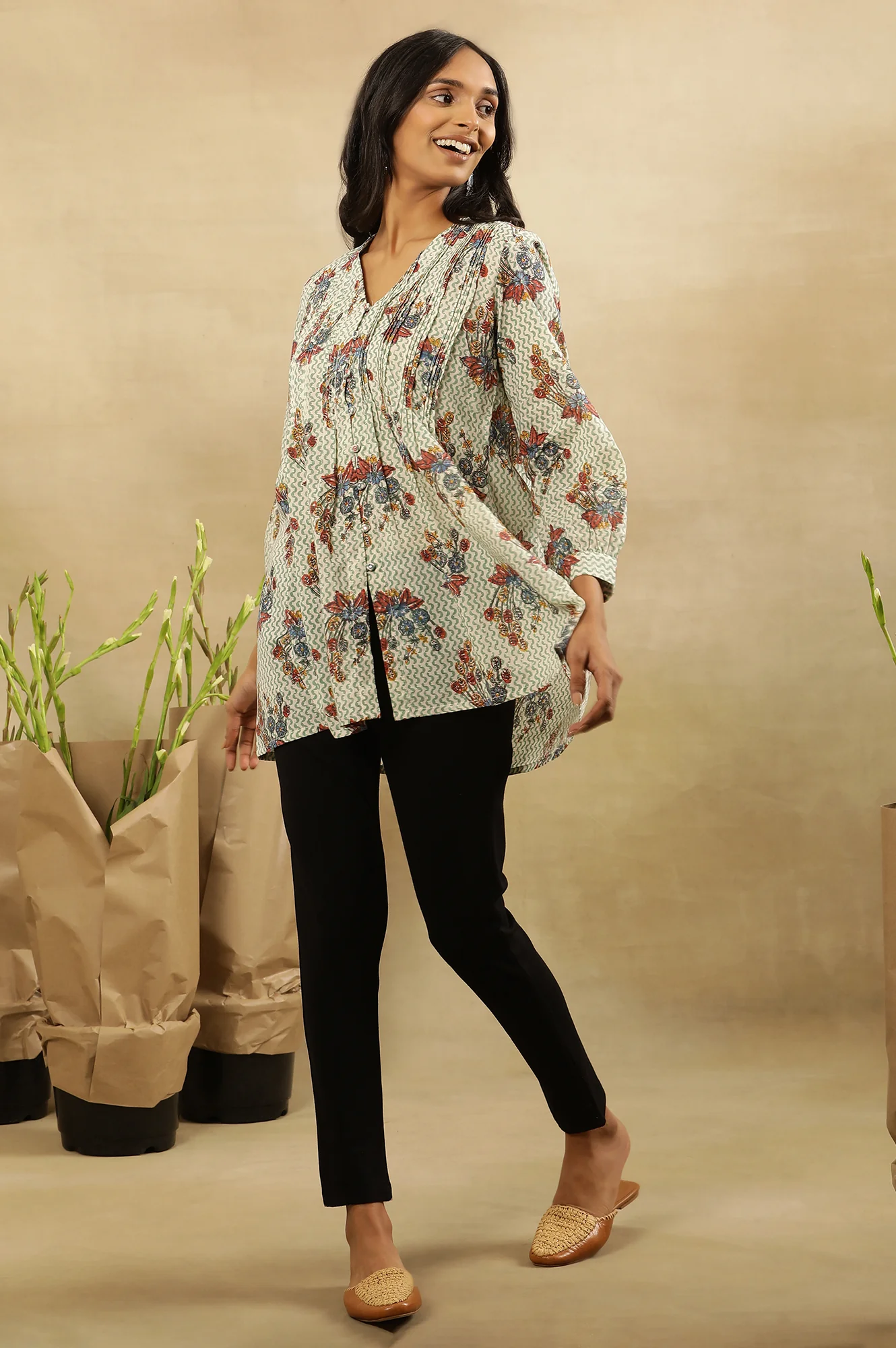 White Cotton Voile Hand Block Printed Pleated Top - Image 5
