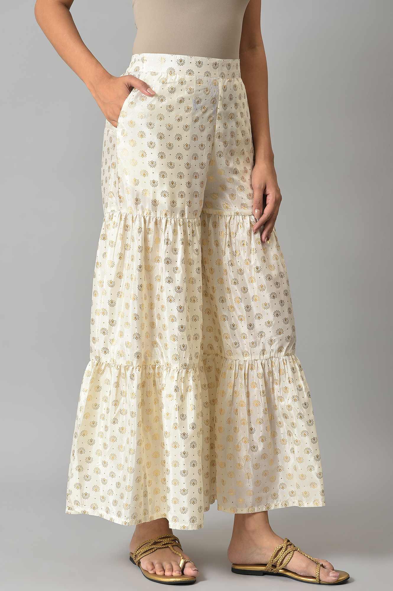 White Floral Printed Flared Silk Palazzo With Elasticated Waist - Image 4