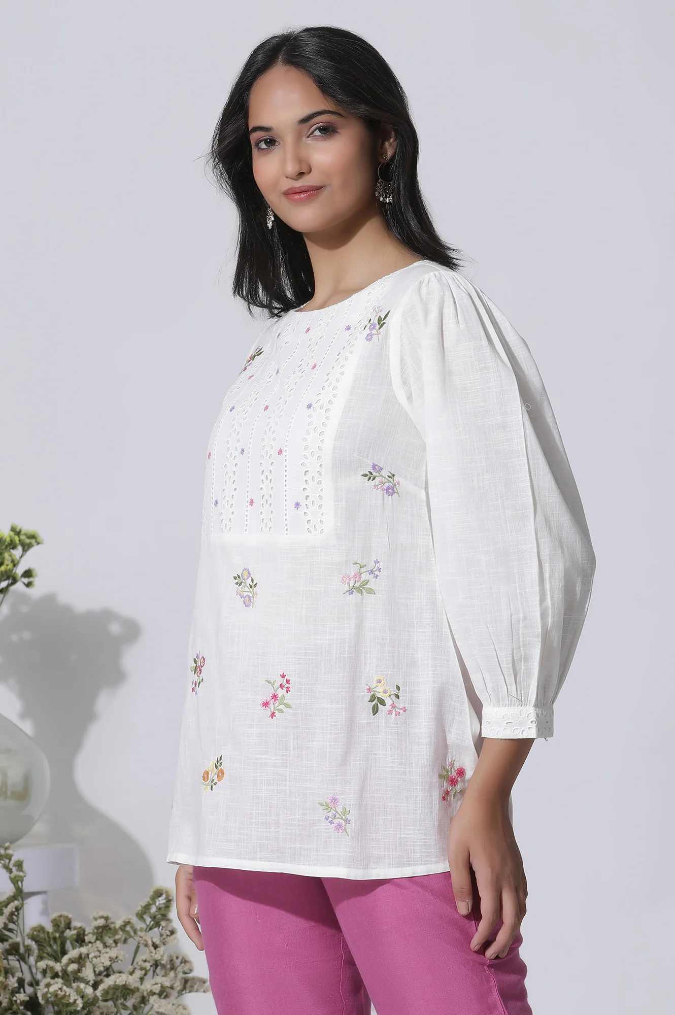 White Embroidered Cotton Top With Schiffli Yoke - Image 2
