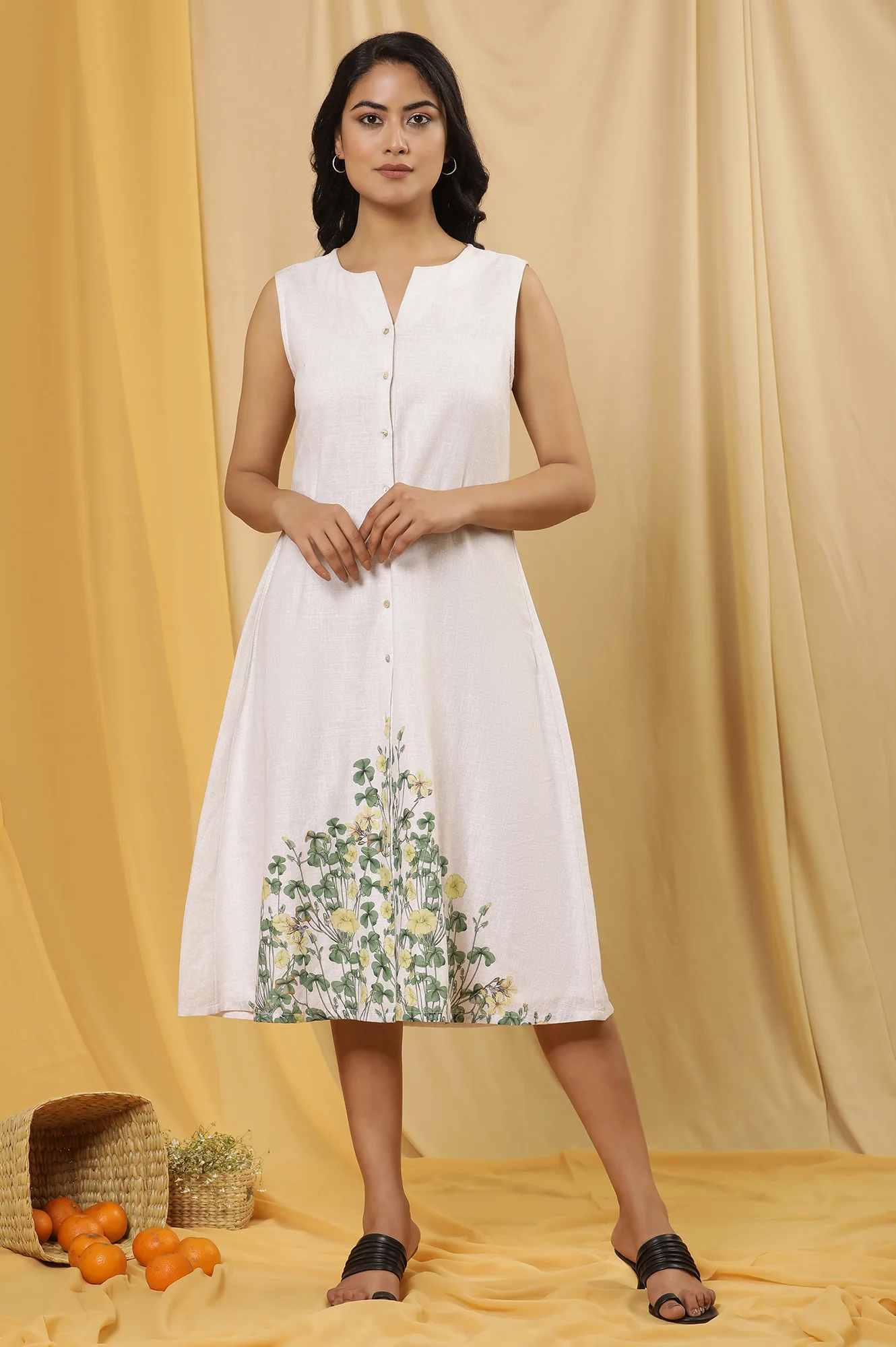 White Floral Printed A-Line Sleeveless Dress - Image 2