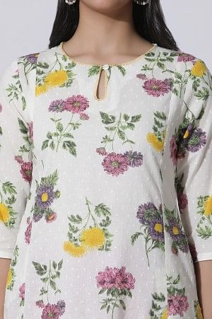 White Floral Printed A-Line Textured Cotton Kurta - Image 6