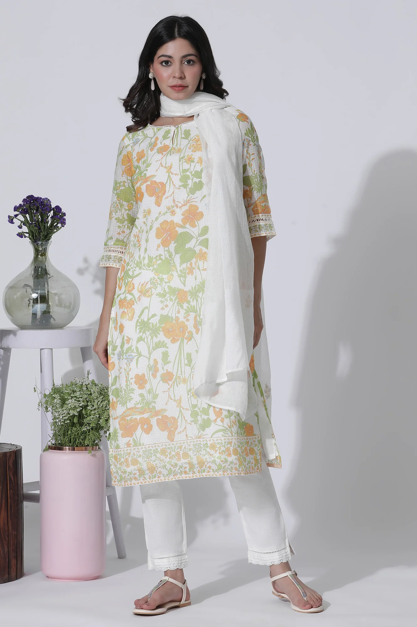 White Floral Printed Cotton Kurta, Pants With Dupatta Set - Image 2