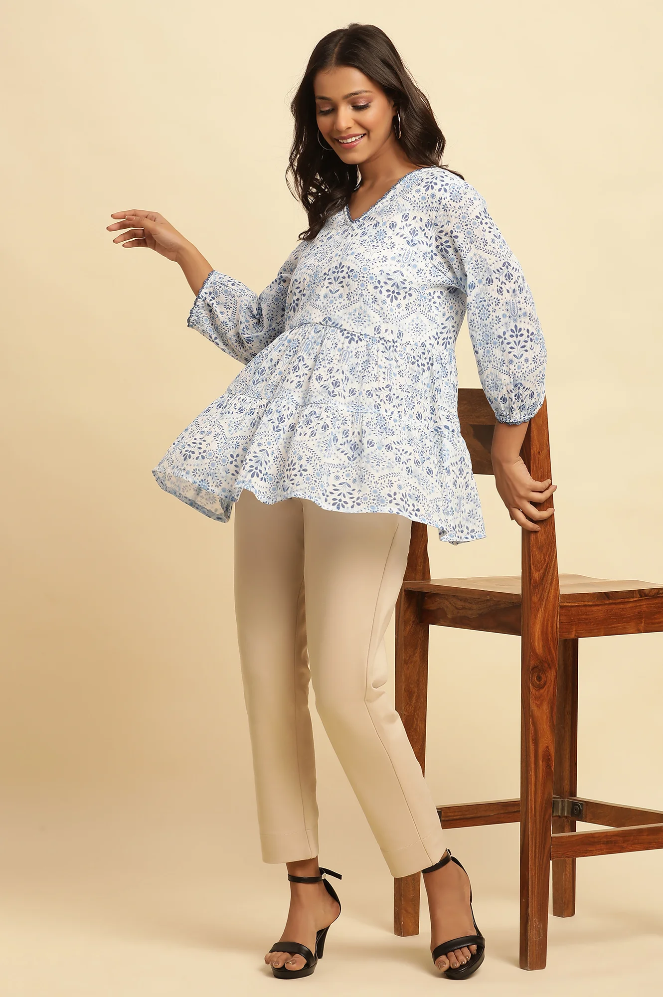 White Floral Printed Gathered Top - Image 5