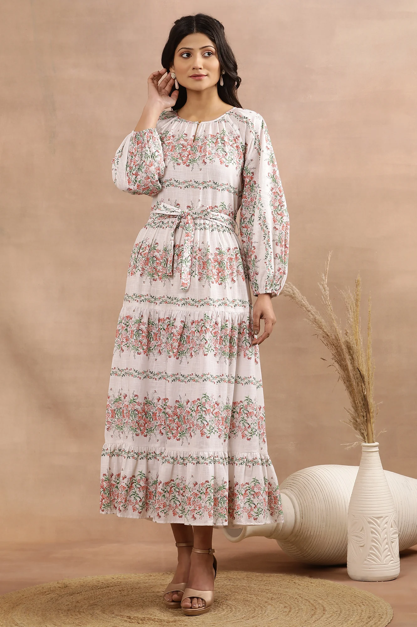 White Floral Printed Long Tiered Dress - Image 2