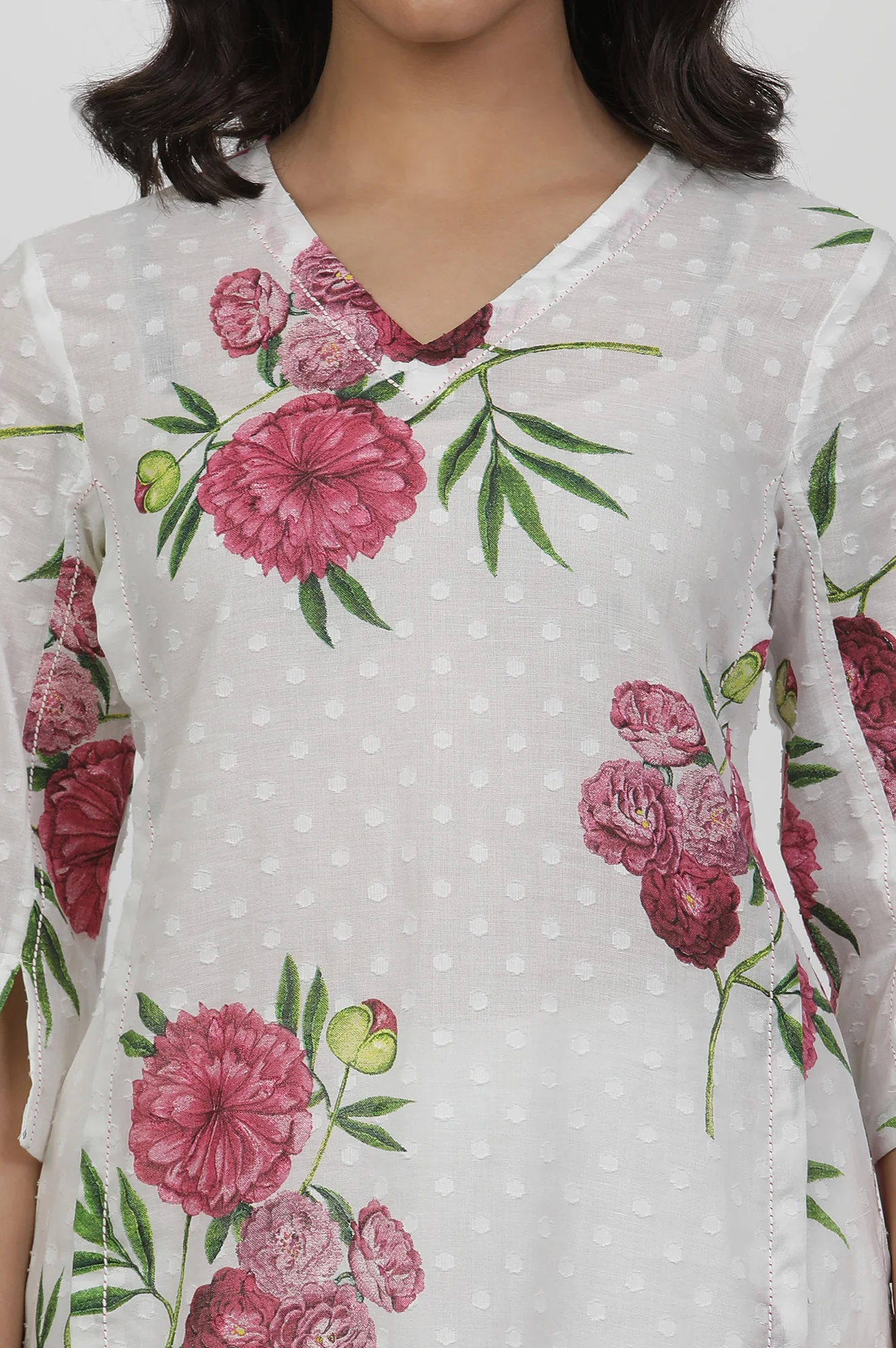 White Floral Printed Textured Cotton Kurta - Image 6