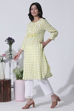 White & Green Checker Cotton Kurta, Pants With Dupatta Set - Image 3